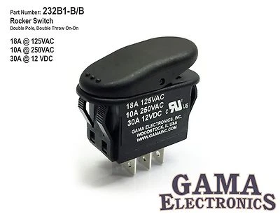 GAMA ELECTRONICS 30 Amp Double Pole Double Throw On-On Waterproof Rocker Switch - 232B1-B/B
