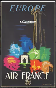 Poster Vintage Originale Air France Europa Viaggi Aviazione 1950 - Foto 1 di 1
