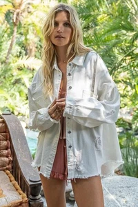 Chaqueta POL Clothing abotonada dobladillo crudo envejecida para mujer - Imagen 1 de 3