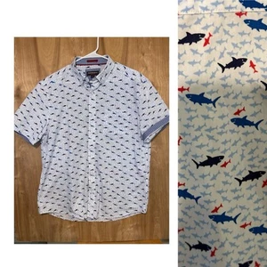 Johnston Murphy Men’s Large Shirt White Blue Geometric Shark Print Short Sleeve - Picture 1 of 11