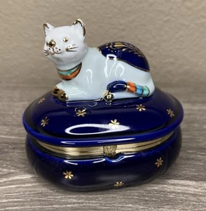 Caja de baratijas vintage de porcelana para gato Takahashi azul dorado raro - Imagen 1 de 10