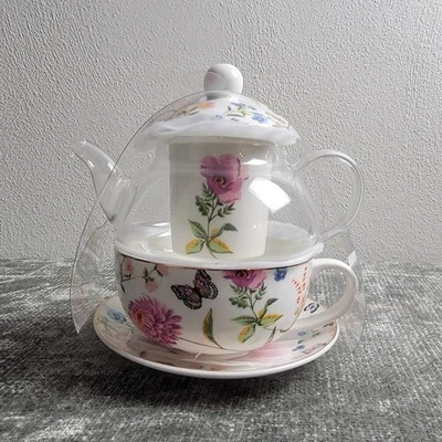 Grace Teaware - Tea For One - Glass Teapot & Floral Porcelain Infuser - New - Image 1 of 4