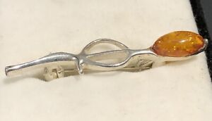 Solid Sterling Silver Amber Cabochon “Rose Bud” Brooch 925 - 2.4g