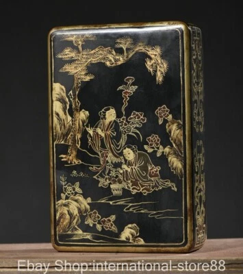 7.2" Old Chinese Lacquerware Gilt Dynasty Palace Beauty Flower Book Box - Image 1 of 4