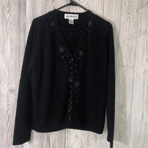 Vintage Norton McNaughton Cardigan Sweater Womens M Black Beads USA Made 70s 80s - Picture 1 of 12