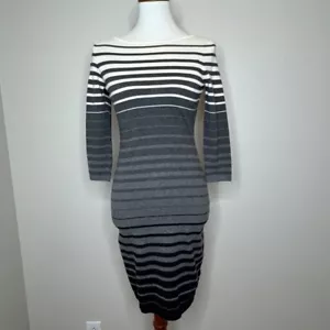 LAUREN RALPH LAUREN Sweater Dress PS Petite Stripe Gray Black Cotton 3/4 Sleeves - Picture 1 of 11