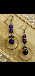 New Beautiful Brass Deep Purple Cats Eye & Sparkling Amethyst Hoop Earrings - Picture 1 of 9