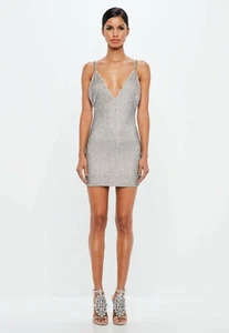 Missguided Peace Love embellished bodycon mini dress Kleid Silber UK14 EU 42 - Bild 1 von 6