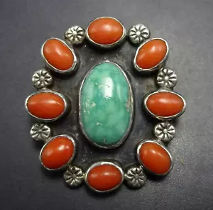 CIONDOLO VINTAGE FIRMATO vecchio corallo rosso mediterraneo TURCHESE argento sterling - Foto 1 di 11