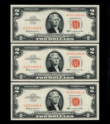3 Pcs $2 1963 United States Note Red Seal GEM UNC X 3 Sequentially Numbered (H73 - Image 1 of 2