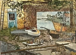 "Home Port" Lionel Barrymore Signed Framed Vintage Foil Etching Boat Slip Dock - Picture 1 of 11