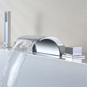 5 STCK. Chrom Badewanne Wasserhahn 3 Griffe Wasserfall Auslauf Mixer Wasserhahn mit Handdusche - Bild 1 von 12