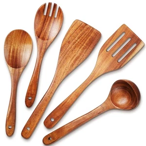 Cooking Utensils Set, 5 PCS Natural Wood Kitchen Utensils, Wooden Spoons for ... - Picture 1 of 7