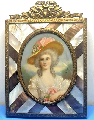 Antique French hand painted signed miniature portrait beautiful lady - Image 1 of 4