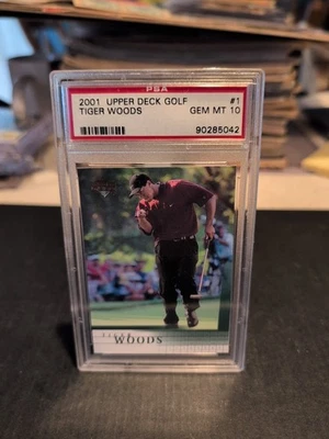 Tarjeta de novato 2001 Upper Deck Golf Tiger Woods #1 PSA 10 gemas como nueva patio Foto 1 de 2
