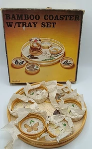 Vintage Bamboo Butterfly Floral Coaster Tray Set Rexwood New Open Box - Picture 1 of 8