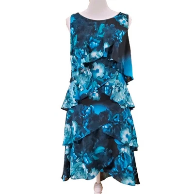 S.L. Vestido sin mangas Fashions azul verde azulado floral con volantes en capas para mujer talla 8 hadas Foto 1 de 4