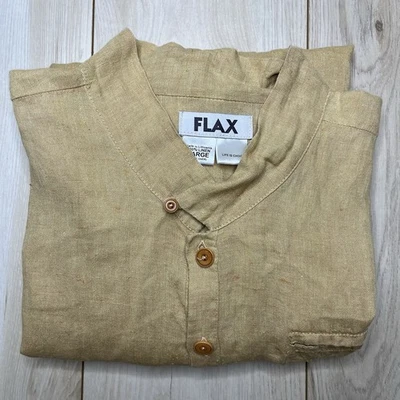 Flax Button Up Shirt Pocket 100% Linen Mens Large Yellow Long Sleeve 1/2 Collar - Image 1 of 4