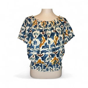 CHRISTIAN SIRIANO NEW YORK Womens Top Large Linen Smocked Abstract Art to Wear - Picture 1 of 9