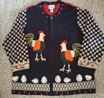 Womens The Quacker Factory Rooster Farm Zip Cardigan 1X Grandmacore Sweater - Image 1 of 4