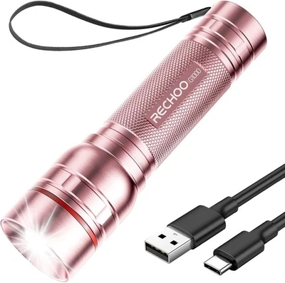RECHOO Rechargeable Flashlights High Lumens, G1000 Super Bright Flash Light Pink, Small