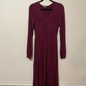 Lulus Burgundy Long Sleeve Wrap Front Midi Dress Womens L Boho Fall Bridesmaid - Picture 1 of 7
