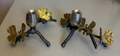 Par de candelabros Michael Aram Butterfly Ginkgo níquel latón 9" x 5" ramas Foto 1 de 4
