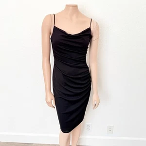 Vintage David Meister Size 2 Y2K 90s Black Draped Cowl Neck Mini Slip Dress - Picture 1 of 11