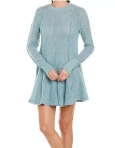 Free People Medium Coffee in The Morning Lace Ribbed Tunic Dress Astral Sea EUC - Picture 1 of 8