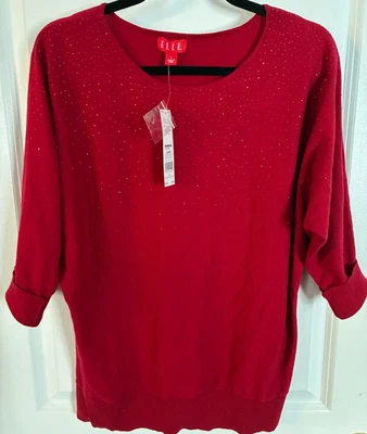 Elle Rojo Brillante Codo Manga Cuello Redondo Jersey Suéter Talla L Foto 1 de 4