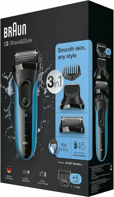Braun Serie 3 Shave & Style 3010BT Elettrico Cordless Wet & Dry - Nero e Blu