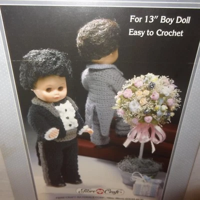 14.Groom Tuxedo Outfit Crochet Pattern 13" Doll Fibre Craft 1988 FCM154 Wedding  - Image 1 of 4