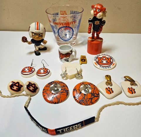 Lot of Vintage Auburn University Collectibles Gator Bowl Glass Mini Mug Earrings Cover