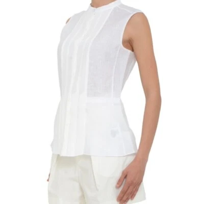 Blusa Tory Burch plisada sin mangas blanca de lino/seda talla 2 $225 nueva con etiquetas Foto 1 de 4