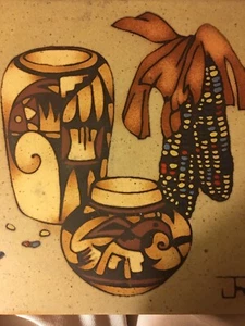 Cleo Teissedre 6” Tile Trivet Pottery Vases And Indian Corn Decor Signed - Picture 1 of 6