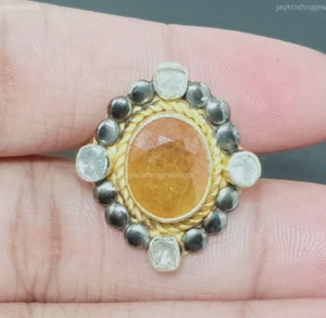 Anillo de cóctel de zafiro amarillo, anillo de boda victoriano de diamantes polki de plata 925 - Imagen 1 de 7
