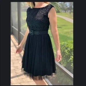 NWT Little Black Dress, Sleeveless Lace Bodice, Chiffon/Netting Belted Medium - Picture 1 of 9