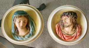 2 Chalkware Plaster Religious 7" Wall Plaques Virgin Mary Jesus Round Painted 3D - Picture 1 of 12