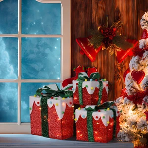 3x Xmas 60 Led Pre Lit Light Up Christmas Parcel Gift Box Set With Tinsel & Bow - Picture 1 of 8