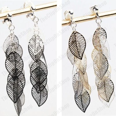 ORECCHINI FOGLIA CLIP ON 3" lunghi catena pendente FOGLIE charm goccia ORO/ARGENTO/NERO