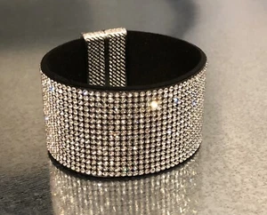 Suede Leather Black Bracelet made w/ Swarovski Diamond Crystal Magnetic Clasp - Picture 1 of 11