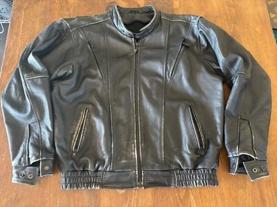 Chaqueta de cuero para motocicleta para hombre grande negra cuello falso estilo bombardero gran pátina Foto 1 de 4