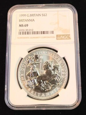 1999 GREAT BRITAIN SILVER 2 POUNDS BRITANNIA NGC MS 69 SCARCE HIGH GRADE BEAUTY - Image 1 of 4