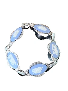 Wedgwood Blue Jasperware Cameo Floral Sterling Silver Bracelet Art Nouveau - Picture 1 of 11