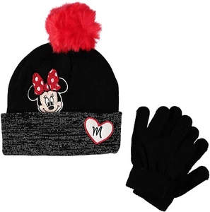 Minnie Mouse Disney Mädchen Bündchen Strick Winter Mütze & Handschuhe Set mit Bommel $ 24 Neu mit Etikett - Bild 1 von 1
