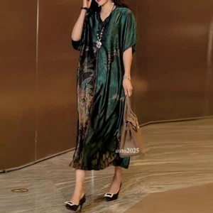 Women's Silk Printed Maxi Dress Kaftan V-neck Long Robe Retro Loose Fashion Lady - Picture 1 of 15
