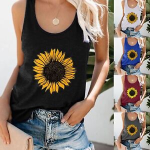 Women Plus Size Summer Sunflower Print Round Neck Sleeveless T-shirt Top Tank