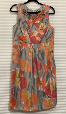Adrianna Papell 14 Tencel Blend Rosettes Sleeveless Coral Gray Floral Dress EUC - Image 1 of 4