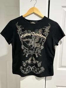 Vintage Harley Davidson Motor Girl Eagle Sequin Graphic T-Shirt Baby Tee-Large - Foto 1 di 9