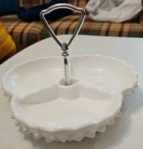 Fenton Hobnail Milk Glass Divided Tidbit Tray with Handle Vintage - Picture 1 of 5